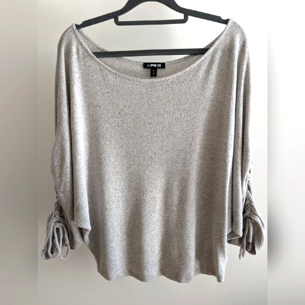 Express Heather Gray Over The Shoulder/Scrunched Tie-Knot Sleeved Sweater Top XS